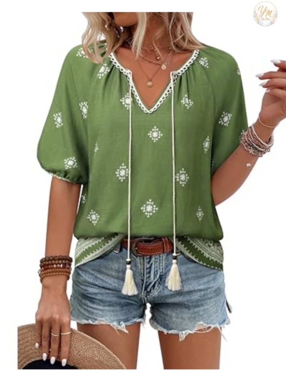 New Green Boho V-Neck Short Sleeve Blouse Floral Peasant Top Loose